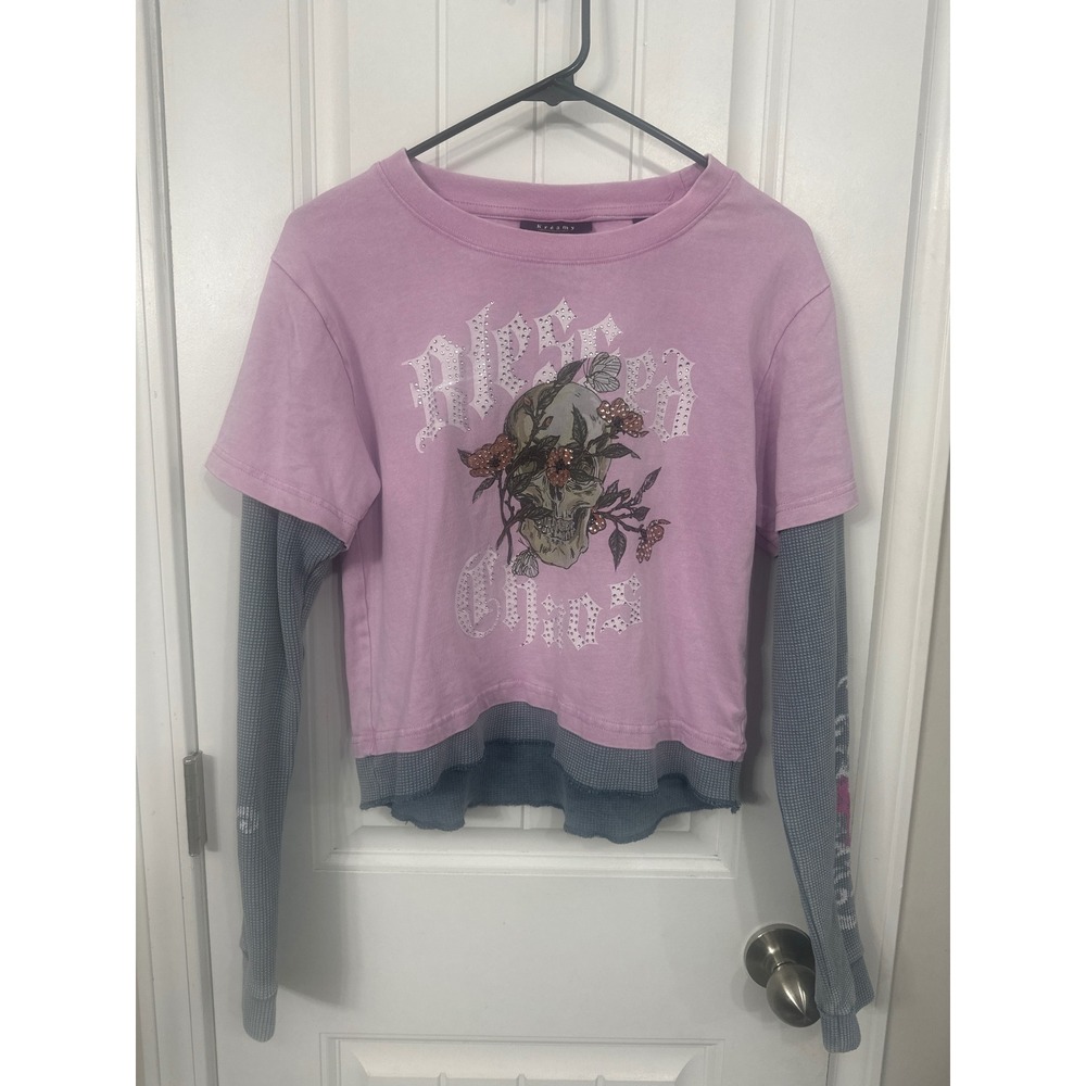 Kreamy Women XL Blessed Chaos Skull Rhinestone Layered Thermal Long Sleeve Top